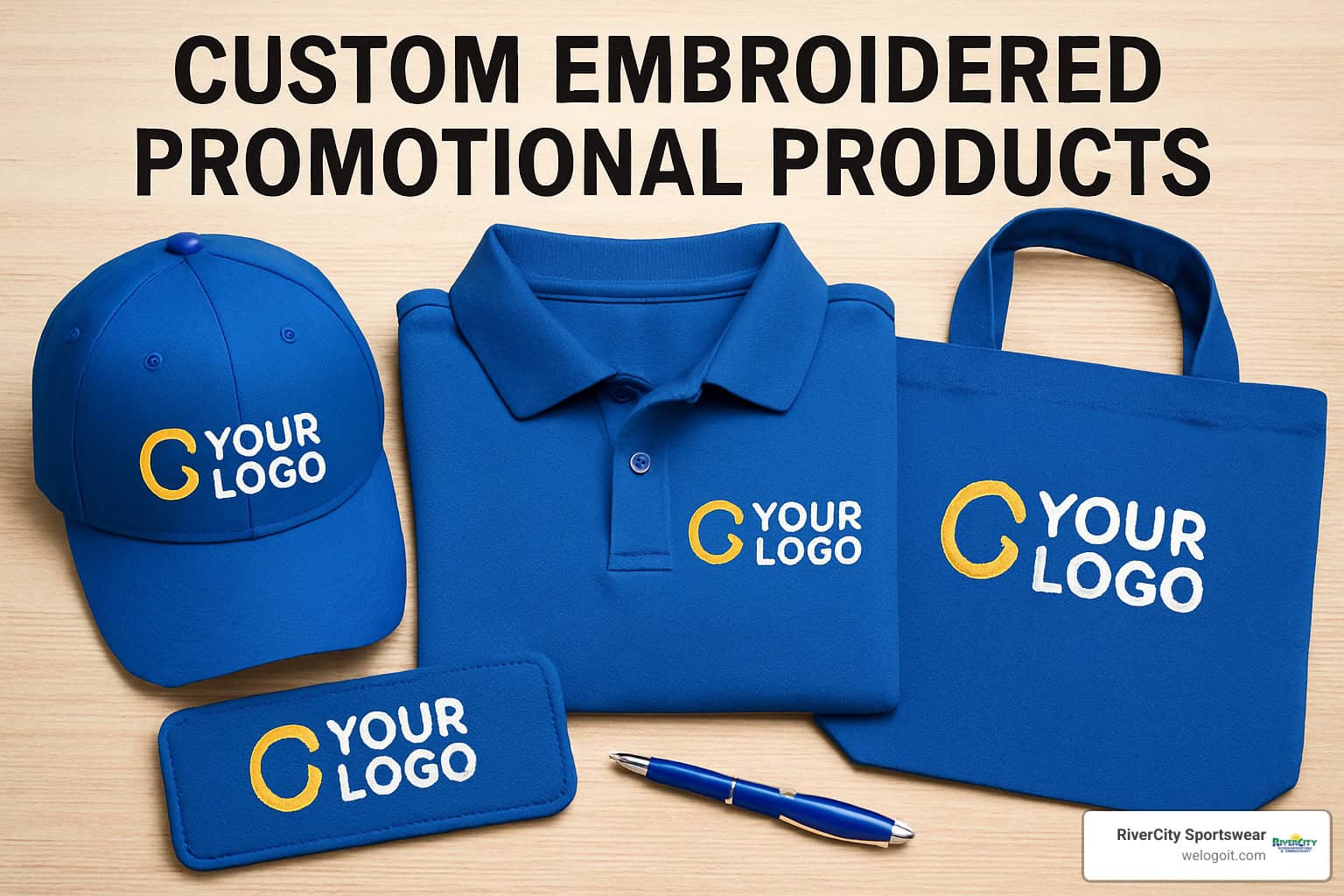 Lineup of top embroidered promotional products including hats, polos, jackets, and bags - custom embroidered promotional products