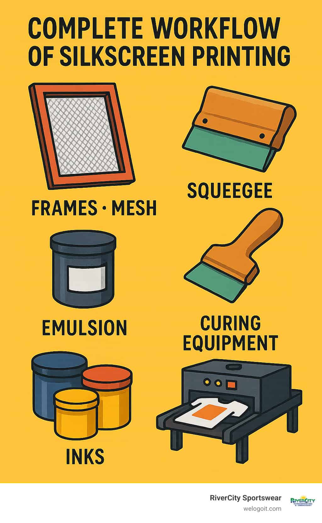 Complete workflow of silkscreen printing showing frames, mesh, emulsion, squeegee, inks and curing equipment with detailed labels for each component - materials used in silkscreen printing infographic Complete workflow of silkscreen printing showing frames, mesh, emulsion, squeegee, inks and curing equipment with detailed labels for each component - materials used in silkscreen printing infographic