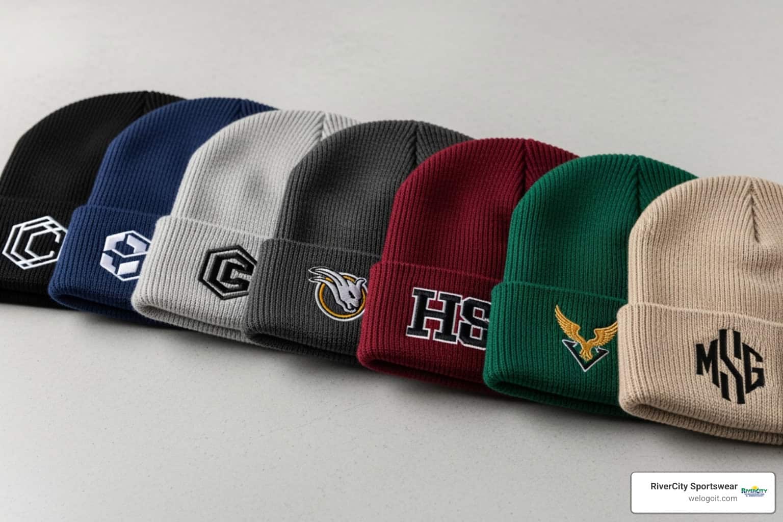 Cuffed beanie mock-ups with various custom embroidered logos - custom embroidered beanies Cuffed beanie mock-ups with various custom embroidered logos - custom embroidered beanies