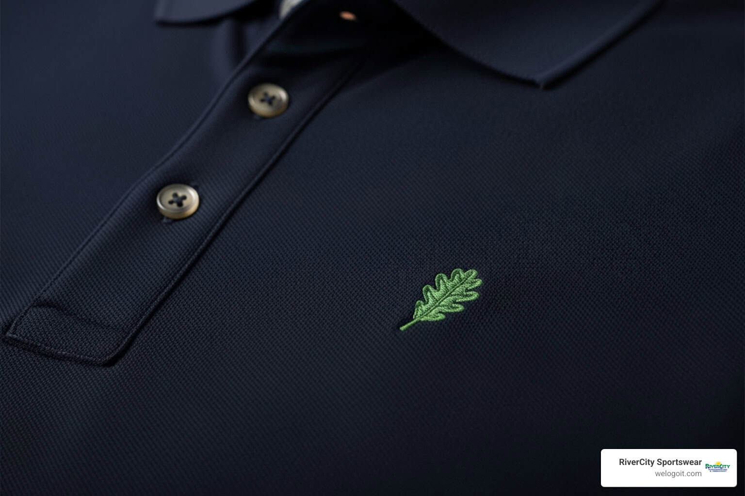 custom-embroidered-business-apparel-image High-quality navy polo shirt with custom embroidered green leaf logo for Rivercity Screenprinting.