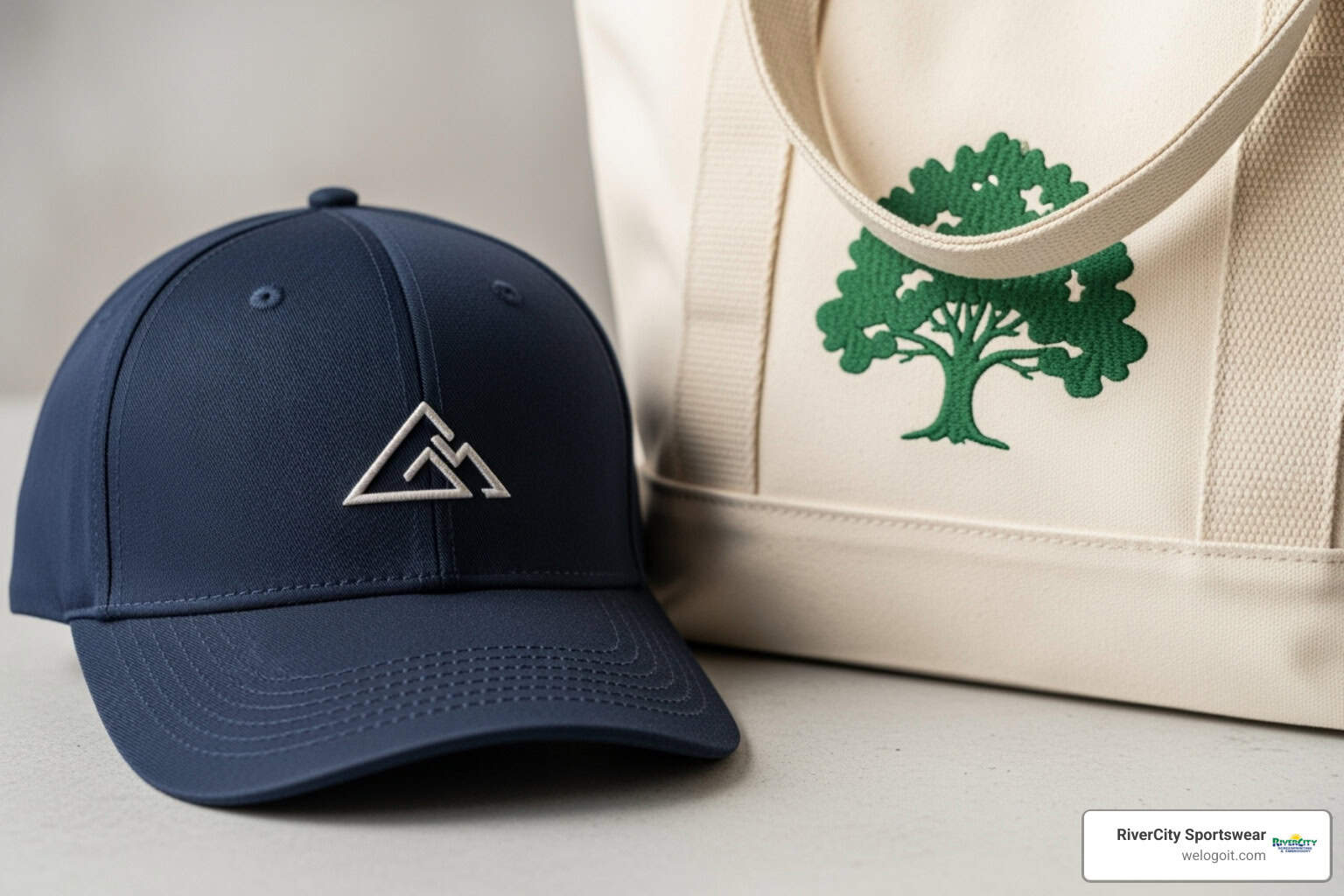 custom embroidered hat and a branded tote bag - custom embroidered business apparel custom embroidered hat and a branded tote bag - custom embroidered business apparel