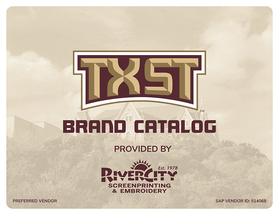 TXST Brand Catalog 2026 Cover of a brand catalog featuring the logo "TXST" prominently at the top, with the text "BRAND CATALOG" below it. The catalog is provided by "Rivercity Screenprinting & Embroidery," established in 1978. The background includes a faded image of a building and text indicating "Preferred Vendor" and "SAP VENDOR ID: 514068."